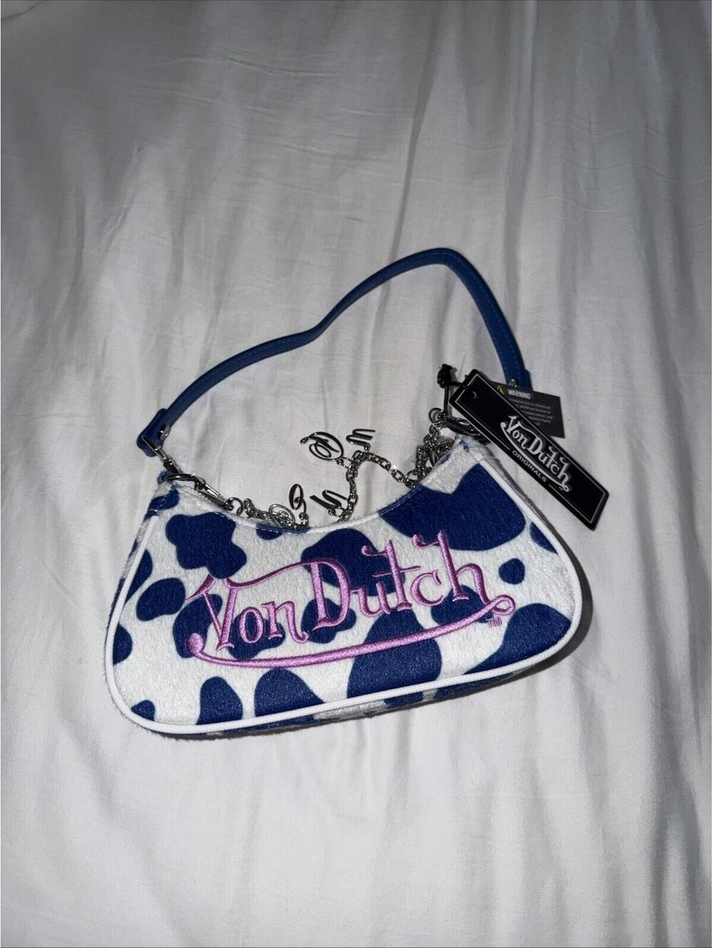 NWT Von Dutch Blue Cow Print Shoulder Bag W Chain Bag Charm